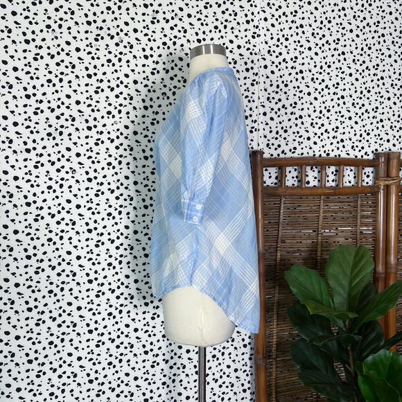 Veronica Beard | Plaid Print Blue White Semi Sheer Short Sleeve Button Blouse M - Picture 9 of 11